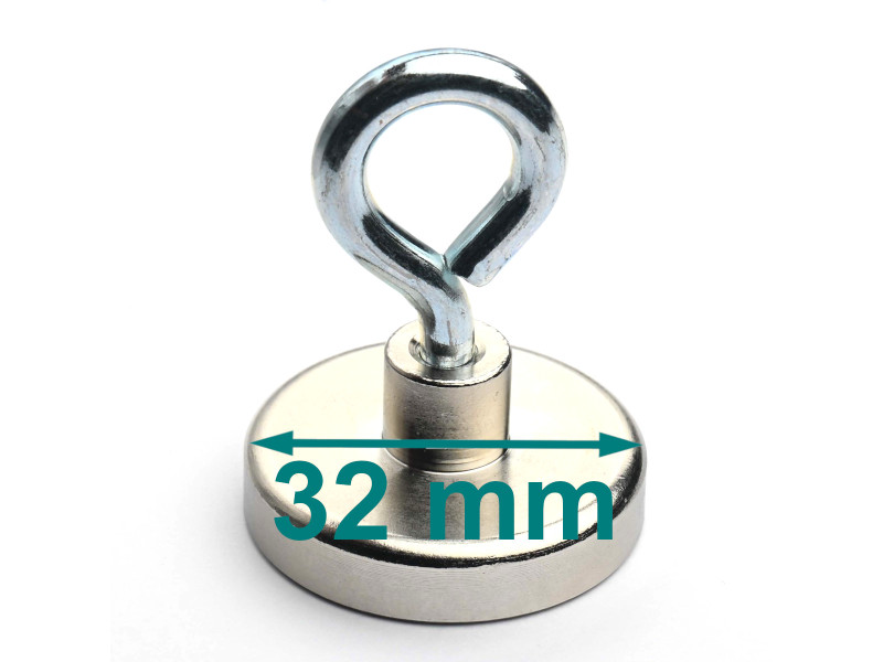 Aimant en boîtier avec crochet à oeil, diamètre 32 mm, avec douille à vis M5 - néodyme
