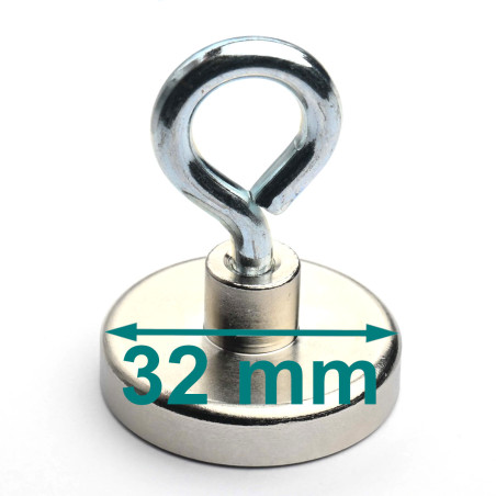 Aimant en boîtier avec crochet à oeil, diamètre 32 mm, avec douille à vis M5 - néodyme