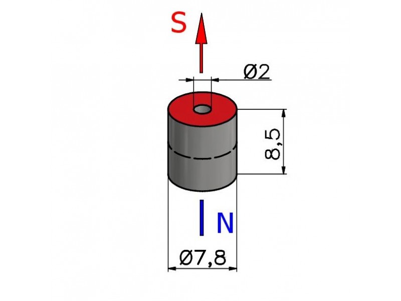 D7,8 X D2 X 8,5 / N48 - Neodimov magnet (NdFeB)