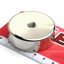 Magnet, diameter 45 mm, M8 innvendig gjenge, høyde 15 mm, neodymium