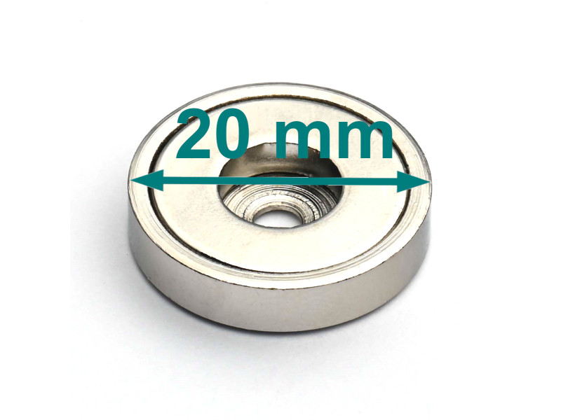 Magnet v ohišju, premer 20 mm, z odprtino za vijak s ploščato glavo, neodim