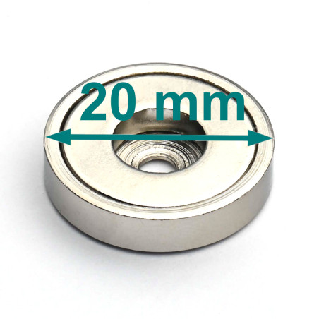 Magnet i hus, diameter 20 mm, med boring til fladhovedskrue, neodymium
