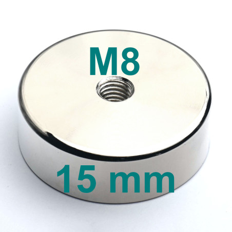 Magnet, diameter 45 mm, M8 indvendigt gevind, højde 15 mm, neodymium
