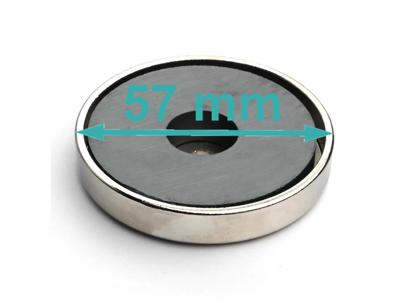 Magnet i hus, diameter 57 mm, med hull for flatskrue, ferritt