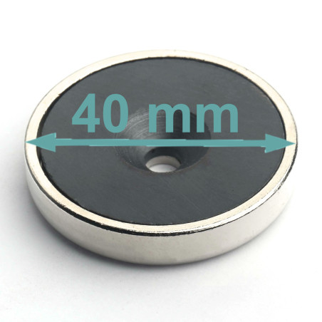 Magnet i hus, diameter 40 mm, med hul til undersænket skruehoved, ferrit
