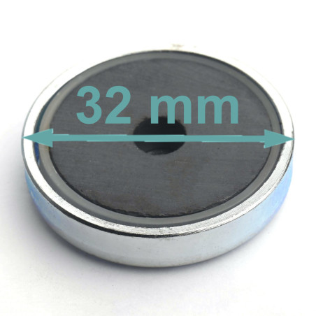 Aimant en boîtier, diamètre 32 mm, avec alésage pour vis à tête plate, ferrite