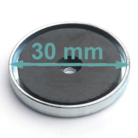 Magneet in behuizing, diameter 30 mm, met boring voor platkopschroef, ferriet
