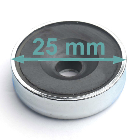 Magnet v ohišju, premer 25 mm, z luknjo za poglobljeno glavo vijaka, feritni