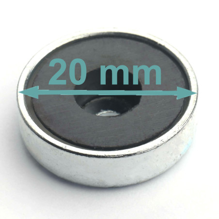 Magnēts korpusā, diametrs 20 mm, ar atveri skrūvei ar plakanu galvu, ferīts