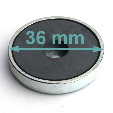 Magnet im Gehäuse, Durchmesser 36 mm, mit Bohrung für Flachkopfschraube, Ferrit