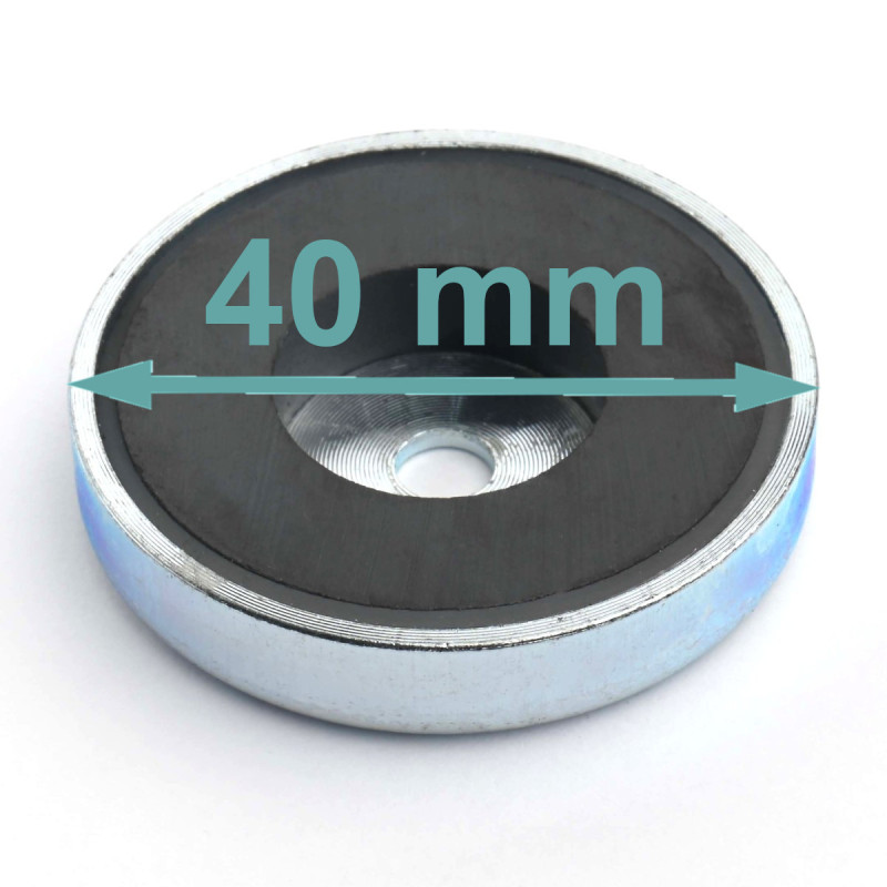 Magnet i hus, diameter 40 mm, med boring til fladhovedskrue, ferrit