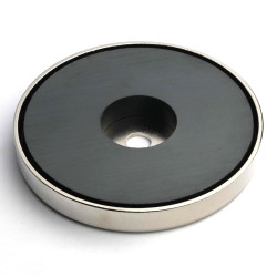 Magnet i hus, diameter 98 mm, med boring til fladhovedskrue, ferrit