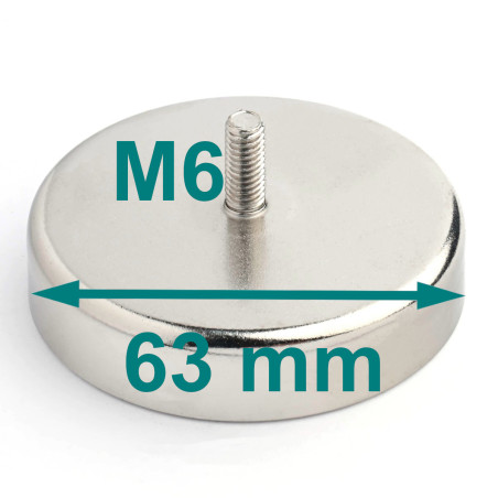 Magnet, diameter 63 mm, M6 utvändig gänga, ferrit