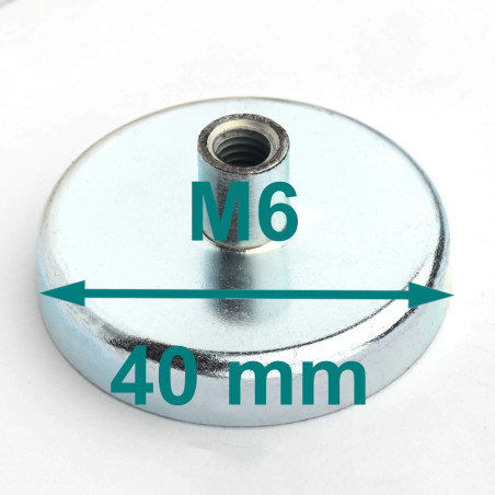 Магнит в корпус, диаметър 40 mm, с гнездо за винт M6 - ферит