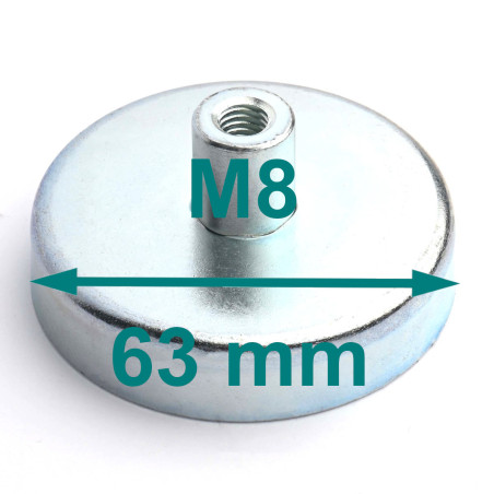 Íman na caixa, diâmetro 63 mm, com casquilho de parafuso M8 - ferrite