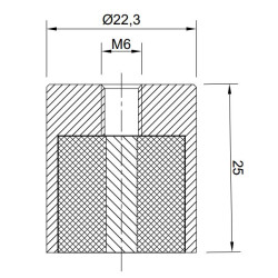 Pirinç gövde içinde mıknatıs, çap 20 mm, M6 iç dişli, yükseklik 25 mm, neodimyum