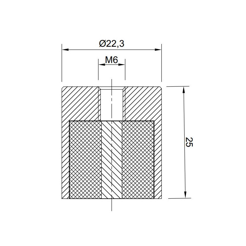 Magnet din alamă, diametru 20 mm, filet interior M6, înălțime 25 mm, neodymium