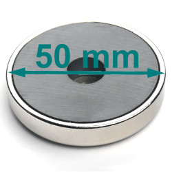 Magnet korpuses, läbimõõt 50 mm, puuriga lamedapäise kruvi jaoks, ferriitmaterjalist.