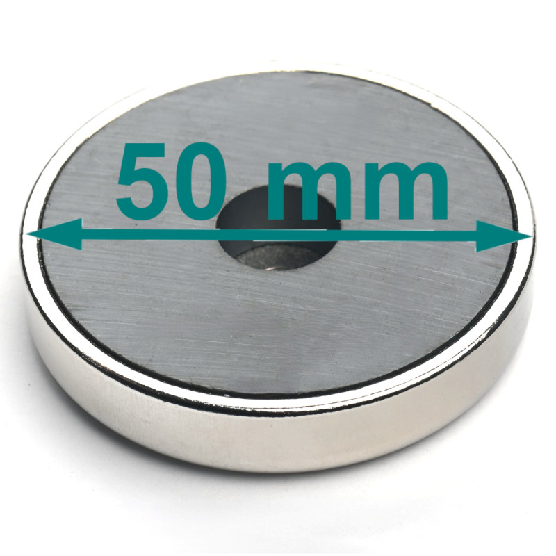 Magnet in housing, diameter 50 mm, with bore for flat head screw, ferrite